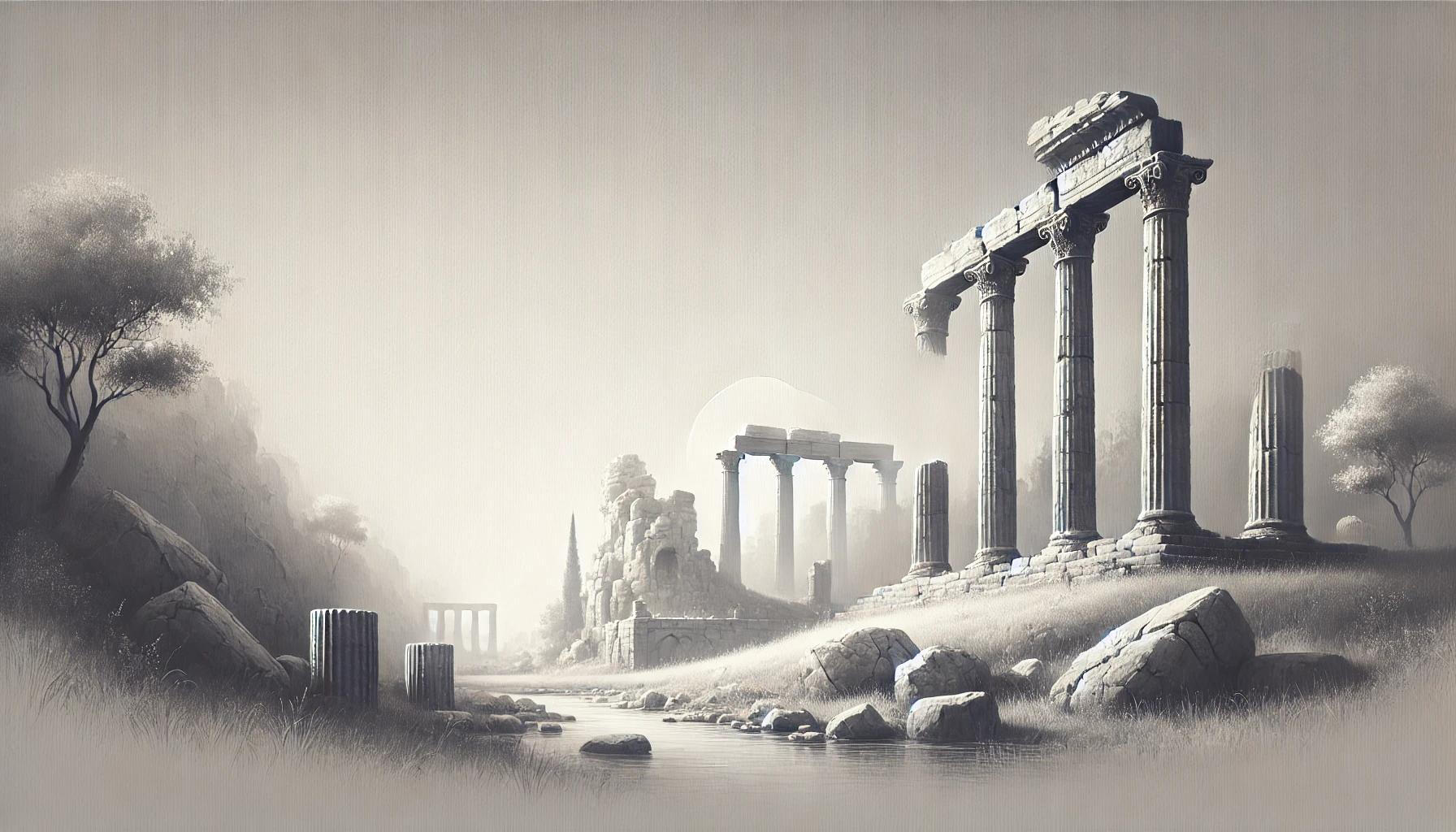 A grayscale artistic depiction of a serene landscape featuring ancient Greek ruins